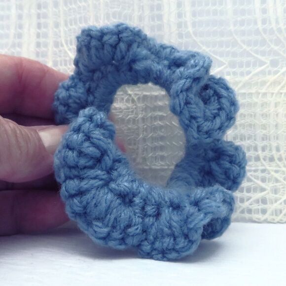 Set of 2 Handmade Crocheted Blue & Gray Scrunchies, Mom Bun Holder, T-Shirt Tie - Picture 4 of 7